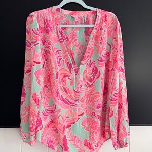 Lilly Pulitzer Pink and Aqua Floral V-Neck Blouse